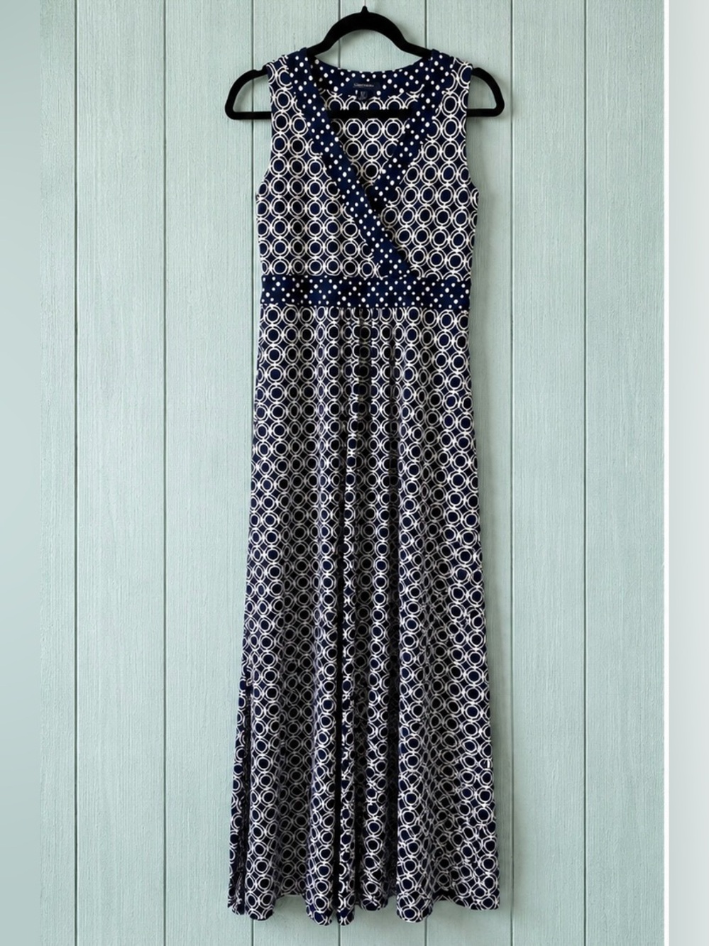 Lands’ End Navy Ivory Geometric Print Maxi Dress XS Pima Cotton